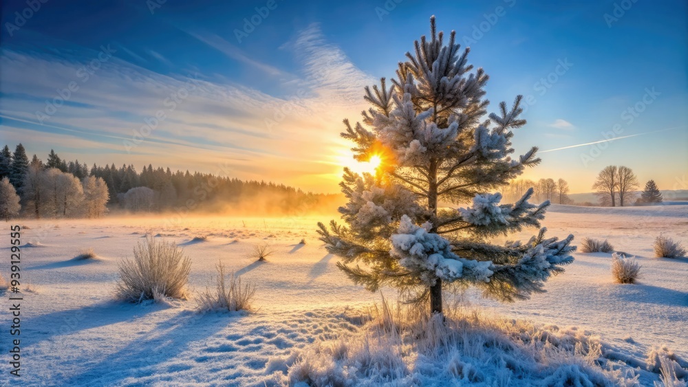 Frosty morning mist swirls around a solitary evergreen tree, its branches etched in frost, as the sun rises over a frozen winter landscape. Frosty morning mist swirls around a solitary evergreen tree, its branches etched in frost, as the sun rises over a frozen winter landscape.