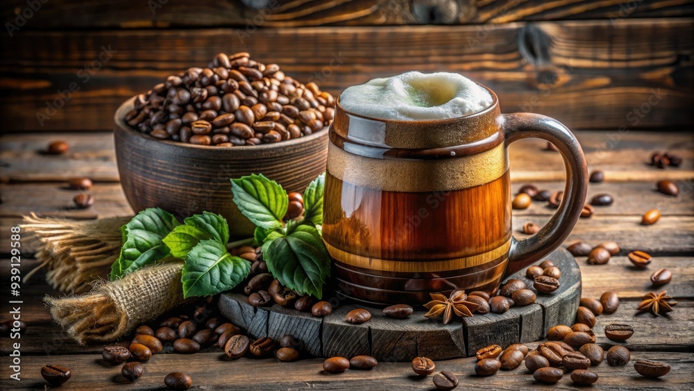 Frothy beer and rich coffee blend in a rustic wooden mug, surrounded by scattered coffee beans and hops on a distressed wooden table top. Frothy beer and rich coffee blend in a rustic wooden mug, surrounded by scattered coffee beans and hops on a distressed wooden table top.