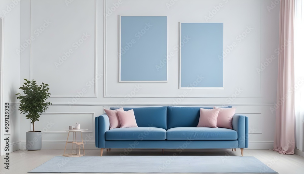 Interior mockup In a white room a blue sofa is placed next to a photo frame on the wall Interior mockup In a white room a blue sofa is placed next to a photo frame on the wall