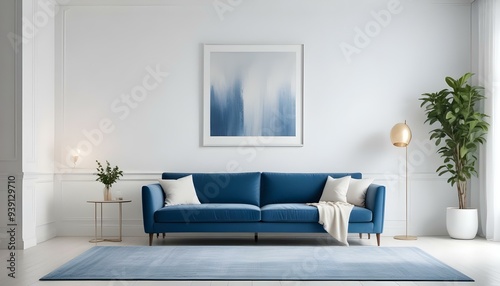 Interior mockup In a white room a blue sofa is placed next to a photo frame on the wall