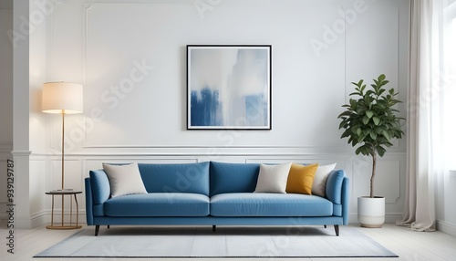 Interior mockup In a white room a blue sofa is placed next to a photo frame on the wall