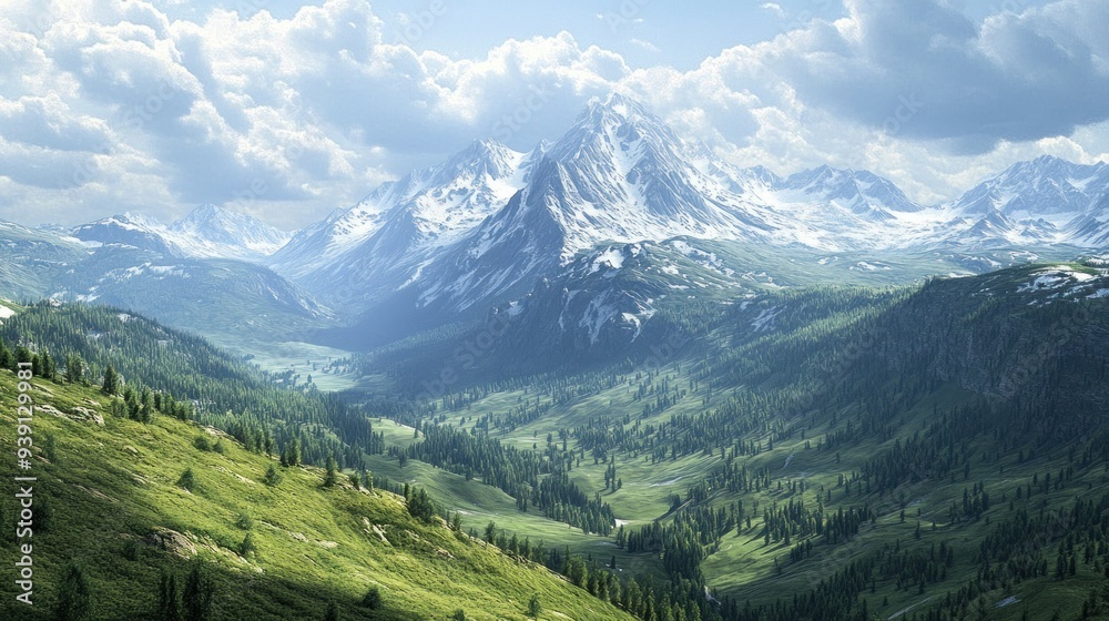 A Snowy Mountain Range with Green Forested Valley A Snowy Mountain Range with Green Forested Valley