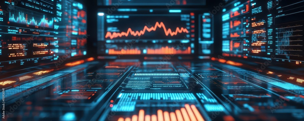Futuristic Digital Screen for Financial Data Analysis with Graphs and Charts Futuristic Digital Screen for Financial Data Analysis with Graphs and Charts