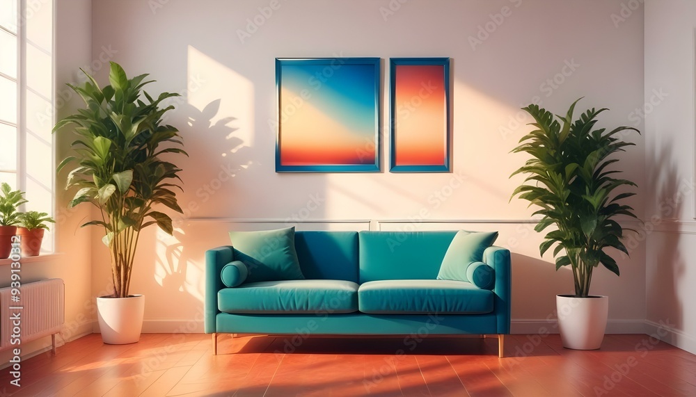 Interior mockup In a white room a blue sofa is placed next to a photo frame on the wall Interior mockup In a white room a blue sofa is placed next to a photo frame on the wall