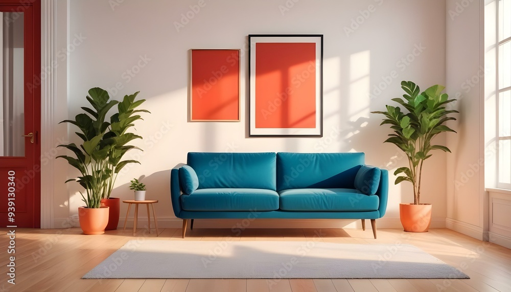 Interior mockup In a white room a blue sofa is placed next to a photo frame on the wall Interior mockup In a white room a blue sofa is placed next to a photo frame on the wall