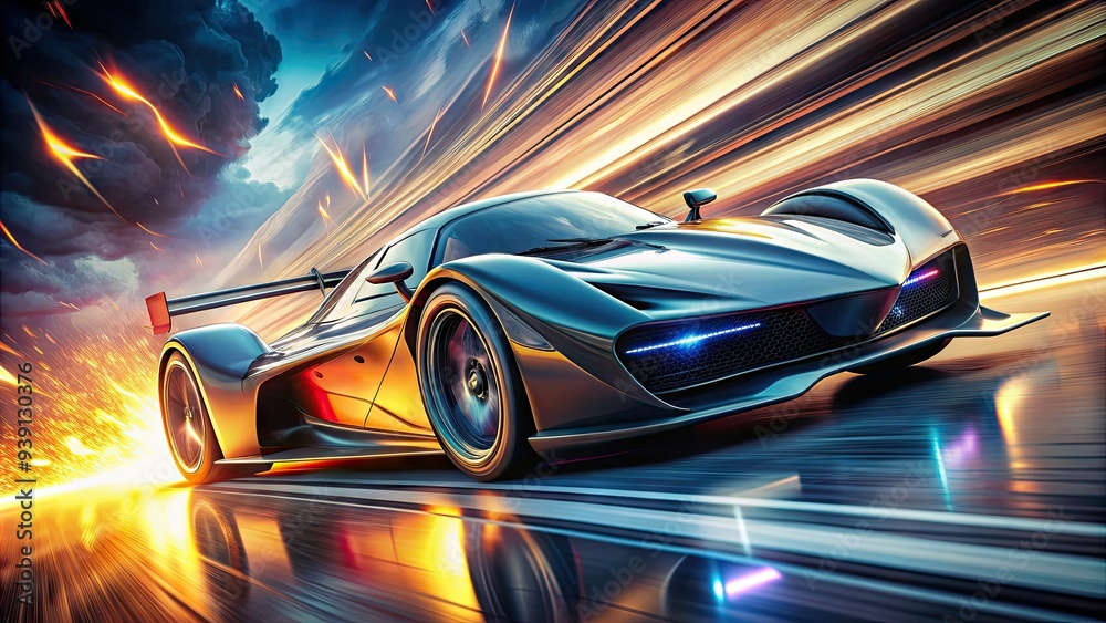 Futuristic, high-tech racing car zooms past blurred background, leaving a trail of speed lines and flames, exuding power, speed, and high-octane excitement. Futuristic, high-tech racing car zooms past blurred background, leaving a trail of speed lines and flames, exuding power, speed, and high-octane excitement.