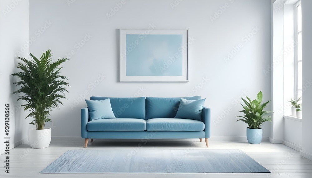 Interior mockup In a white room a blue sofa is placed next to a photo frame on the wall Interior mockup In a white room a blue sofa is placed next to a photo frame on the wall