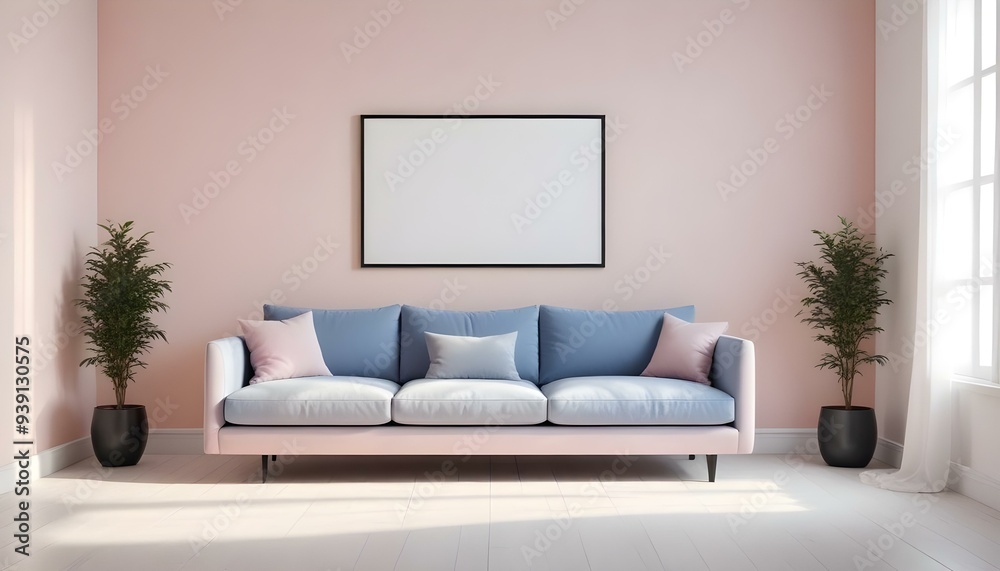 Interior mockup In a white room a blue sofa is placed next to a photo frame on the wall Interior mockup In a white room a blue sofa is placed next to a photo frame on the wall