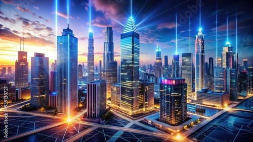 Wallpaper Mural Futuristic digital cityscape with sleek skyscrapers, glowing circuits, and neon-lit networks, representing technology advancement and futuristic urban development in a futuristic world. Torontodigital.ca