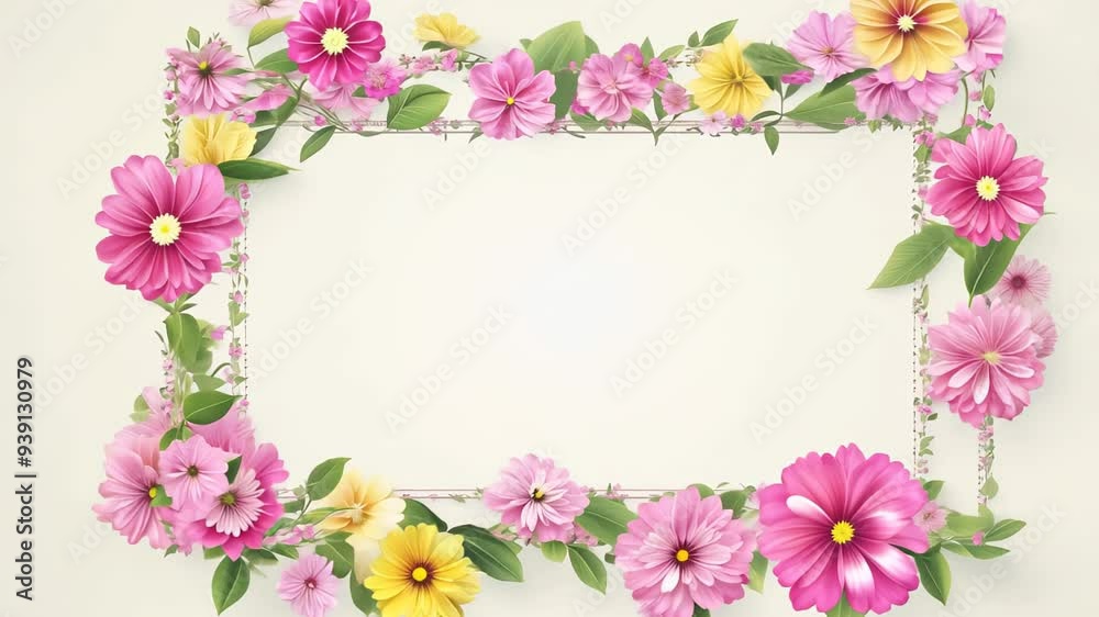 decorative floral frame with pink, yellow, and white flowers arranged around a blank center