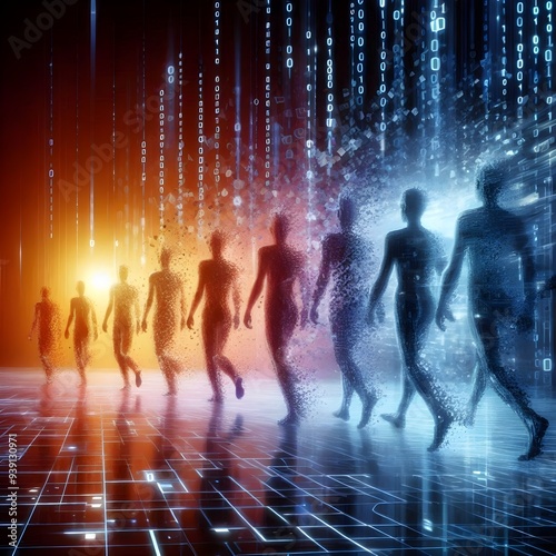 A conceptual image of humanity evolving into digital beings, with human silhouettes dissolving into binary code.