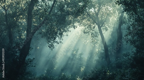 Sunbeams Filtering Through a Foggy Forest