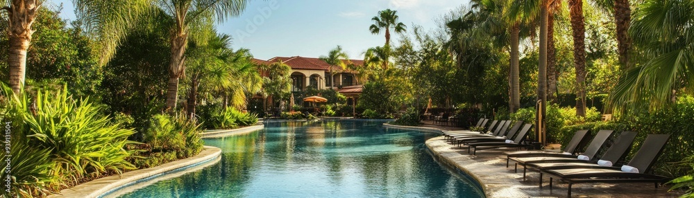 Fototapeta premium Serene Poolside Oasis with Lounge Chairs and Palm Trees