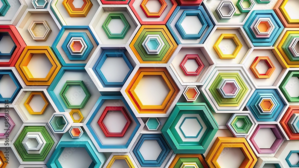 Geometric pattern of interconnected nonagons in varying sizes and colors, forming a mesmerizing and intricate design on a white... 