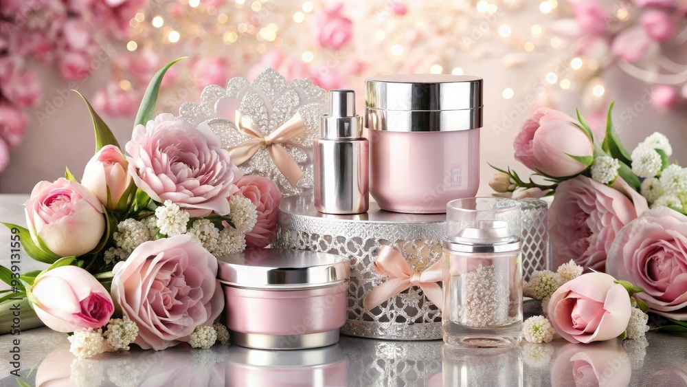 Glamorous, pink, and silver metallic packaging with ornate design elements holds luxurious skincare products, surrounded by fresh flowers and delicate lace. Glamorous, pink, and silver metallic packaging with ornate design elements holds luxurious skincare products, surrounded by fresh flowers and delicate lace.