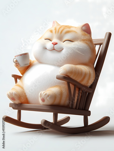 3D Illustration of a Cute Chubby Cat Relaxing in a Rocking Chair with a Steaming Cup, Adorable Cartoon Character with a Cozy and Satisfied Expression photo