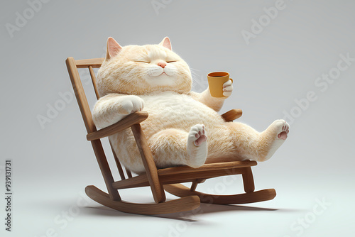 3D Illustration of a Cute Chubby Cat Relaxing in a Rocking Chair with a Steaming Cup, Adorable Cartoon Character with a Cozy and Satisfied Expression photo