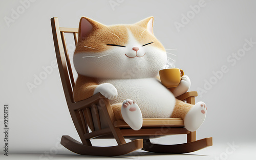 3D Illustration of a Cute Chubby Cat Relaxing in a Rocking Chair with a Steaming Cup, Adorable Cartoon Character with a Cozy and Satisfied Expression photo