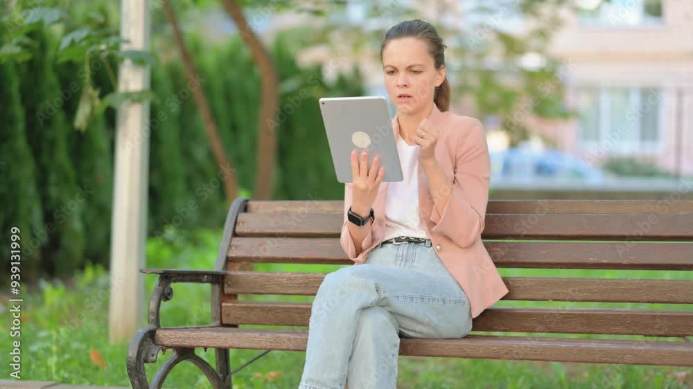 Casual Business Woman with Loss on Tablet while Sitting Outdoor Casual Business Woman with Loss on Tablet while Sitting Outdoor