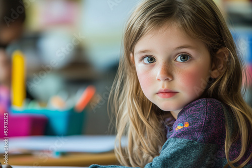 A young girl with long blonde hair is sitting at a desk in a classroom