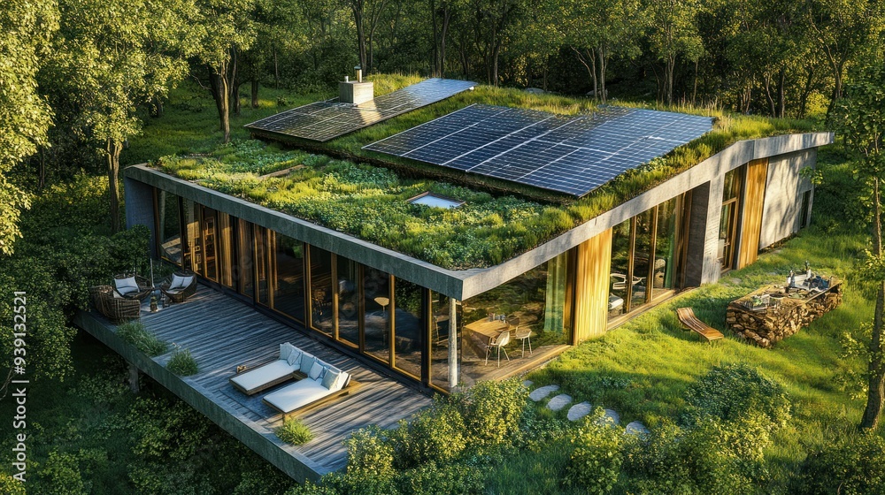 Modern Eco-Friendly Home with Green Roof and Solar Panels Modern Eco-Friendly Home with Green Roof and Solar Panels