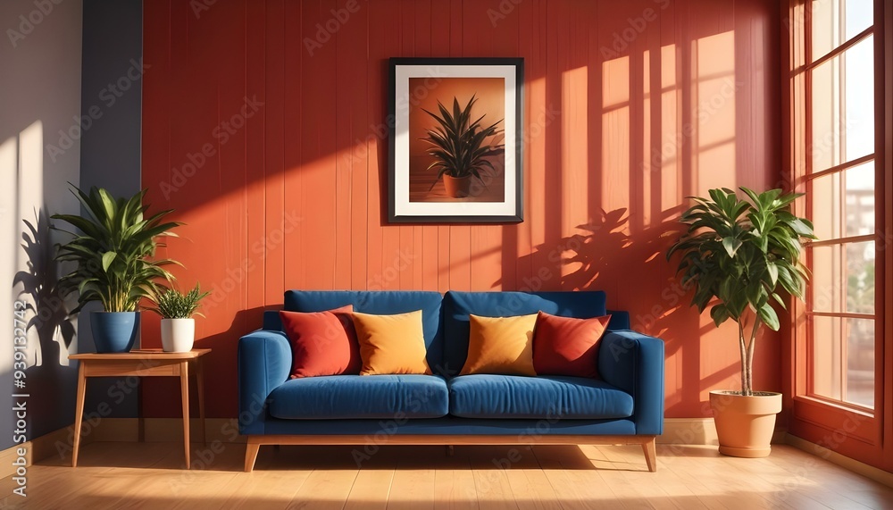Interior mockup In a white room a blue sofa is placed next to a photo frame on the wall Interior mockup In a white room a blue sofa is placed next to a photo frame on the wall