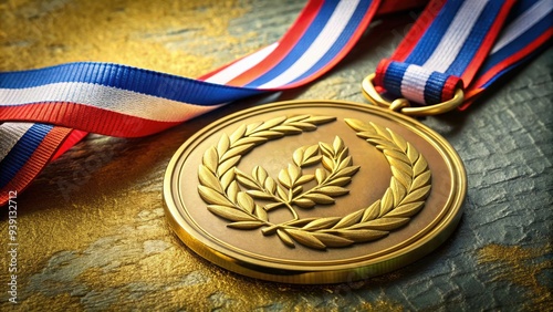 Gold medal with ribbon and olive branch on a stylized background, symbolizing excellence, achievement, and peace in the fields of science, literature, and humanitarian work. photo