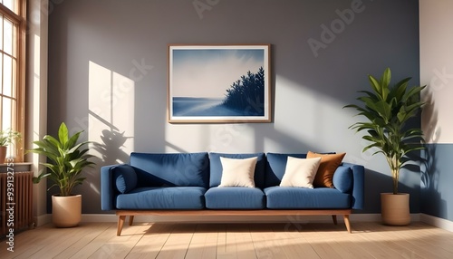 Interior mockup In a white room a blue sofa is placed next to a photo frame on the wall