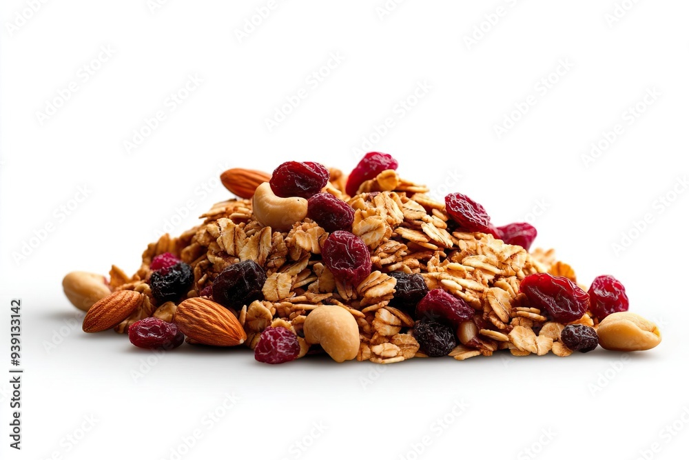 A nutritious blend of granola with nuts and dried fruits, ideal for healthy snacking or breakfast options on a white background. A nutritious blend of granola with nuts and dried fruits, ideal for healthy snacking or breakfast options on a white background.