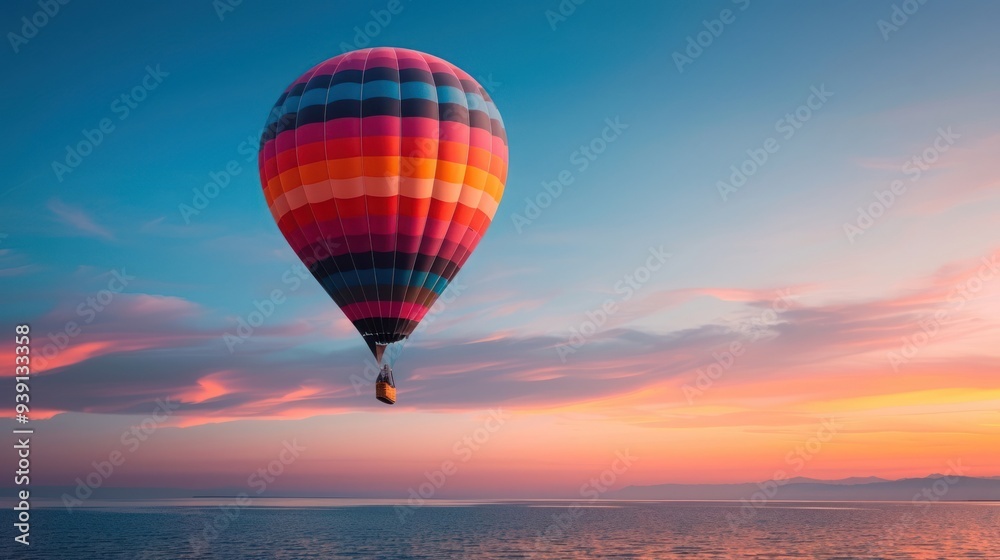Colorful hot air balloon floating over the ocean during a stunning sunset with vibrant sky and clouds, creating a serene and magical scene. Colorful hot air balloon floating over the ocean during a stunning sunset with vibrant sky and clouds, creating a serene and magical scene.