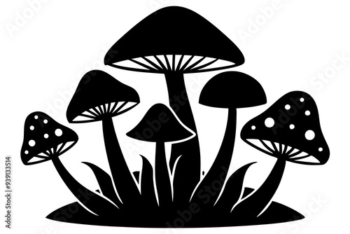 mushrooms in the grass silhouette vector