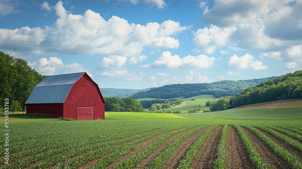 A picturesque red barn stands amidst lush green fields under a vibrant blue sky filled with fluffy clouds. A picturesque red barn stands amidst lush green fields under a vibrant blue sky filled with fluffy clouds.