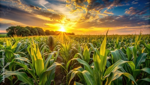 Golden light of sunrise casts a warm glow over a vast, rolling cornfield, with tall green stalks swaying gently in the morning breeze.