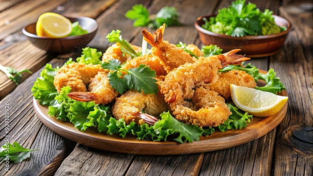 Golden panko-crusted butterfly shrimp placed on a bed of mixed greens, garnished with lemon wedges and fresh parsley, against a rustic wooden background. Golden panko-crusted butterfly shrimp placed on a bed of mixed greens, garnished with lemon wedges and fresh parsley, against a rustic wooden background.