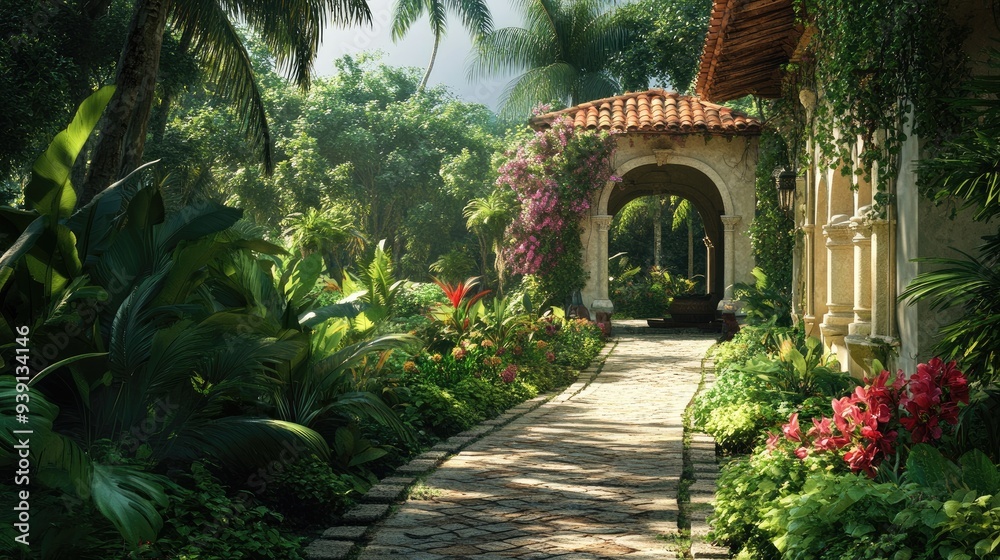 A serene path leading to a villa, surrounded by lush green plants and flowers, exuding tranquility A serene path leading to a villa, surrounded by lush green plants and flowers, exuding tranquility