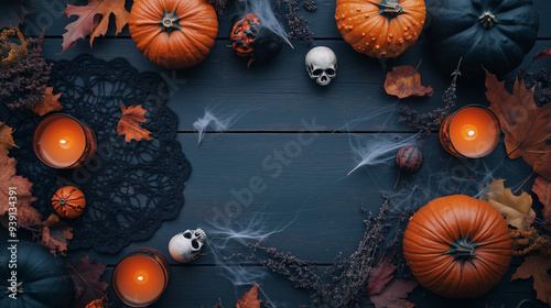 A moody Halloween flat lay with pumpkins, mini skulls, cobwebs, and dried herbs on a dark wooden surface, illuminated by soft candlelight. photo