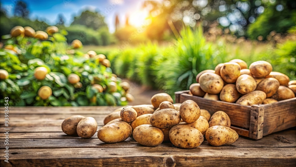 Close up of a bunch of fresh harvested potatoes on a wooden table from an organic farm Close up of a bunch of fresh harvested potatoes on a wooden table from an organic farm