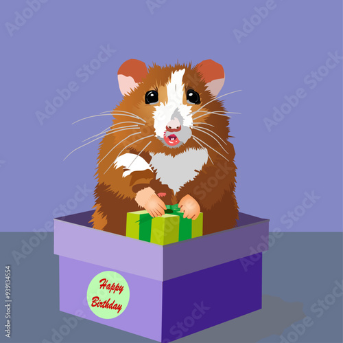 Hamster pet holding a small box in its paws, standing in a gift box on that written Happy Birthday. Vector illustration.