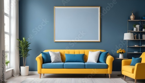 Interior mockup In a white room a blue sofa is placed next to a photo frame on the wall