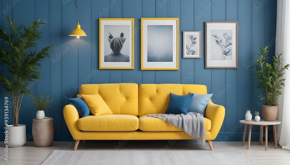 Interior mockup In a white room a blue sofa is placed next to a photo frame on the wall Interior mockup In a white room a blue sofa is placed next to a photo frame on the wall