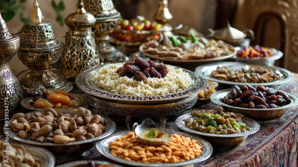 A sumptuous spread of traditional Arabic dishes served during Ramadan, featuring dates, almonds, and savory dishes on an ornate table A sumptuous spread of traditional Arabic dishes served during Ramadan, featuring dates, almonds, and savory dishes on an ornate table