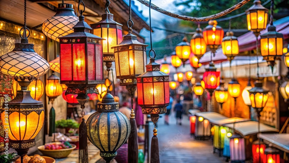 Traditional Asian street market with lantern lamp decoration in a suburban area Traditional Asian street market with lantern lamp decoration in a suburban area