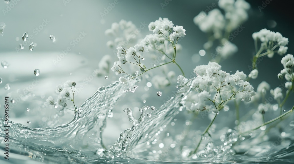 Fototapeta premium baby's breath flowers falling into the water, slow motion splash, depth of field