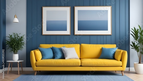 Interior mockup In a white room a blue sofa is placed next to a photo frame on the wall