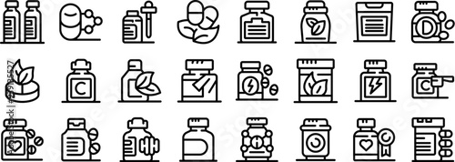 Bottle vitamin supplement icons set. Big set of simple black thin line icons of various dietary supplements, vitamins and minerals for human body health care
