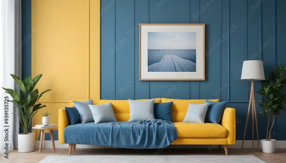 Interior mockup In a white room a blue sofa is placed next to a photo frame on the wall Interior mockup In a white room a blue sofa is placed next to a photo frame on the wall