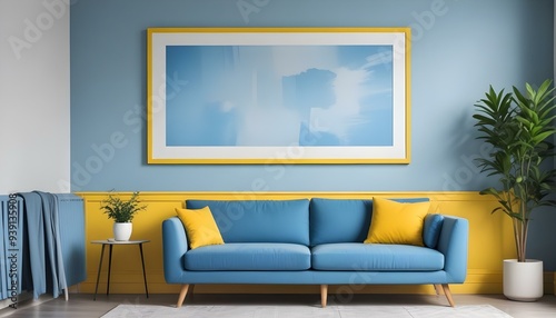 Interior mockup In a white room a blue sofa is placed next to a photo frame on the wall