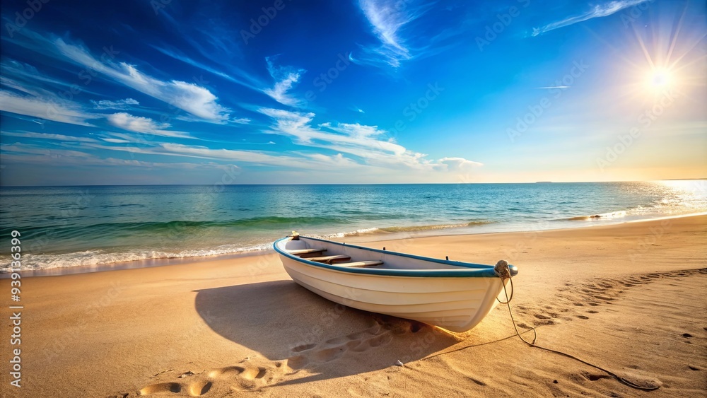 Boat resting on sandy beach with tranquil ocean in background Boat resting on sandy beach with tranquil ocean in background