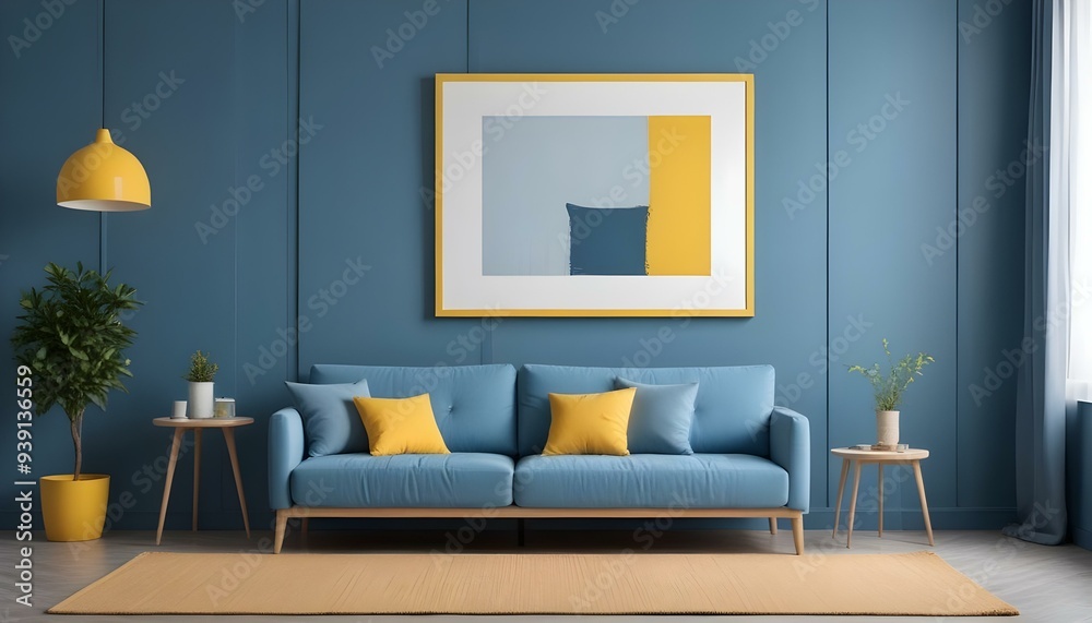 Interior mockup In a white room a blue sofa is placed next to a photo frame on the wall