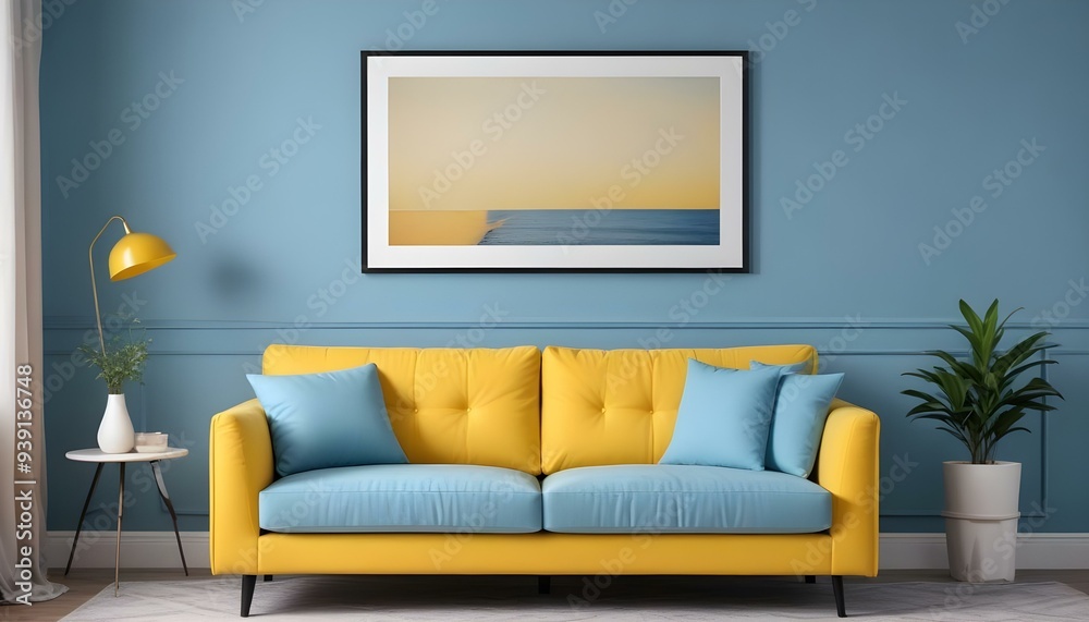 Interior mockup In a white room a blue sofa is placed next to a photo frame on the wall Interior mockup In a white room a blue sofa is placed next to a photo frame on the wall